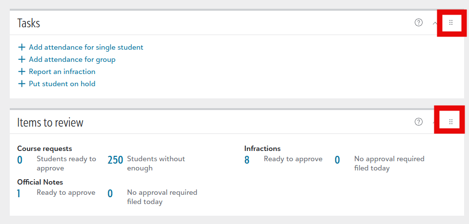 Academics Dashboard drag and drop